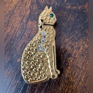 Gold Cat Brooch with Clear and Green Rhinestones